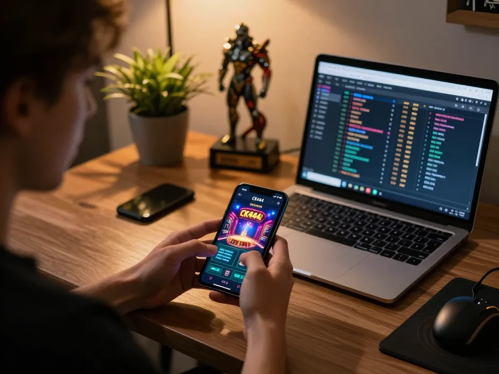 Engaging with the CK444 app on a smartphone for online gaming in a stylish home environment