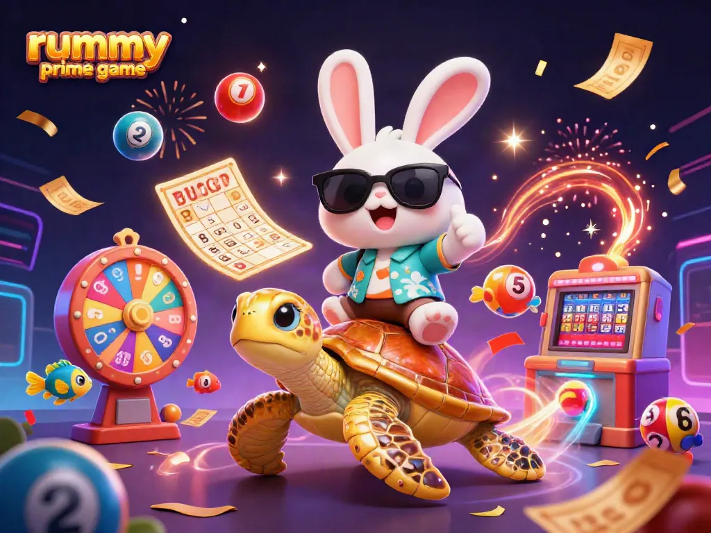 Experience the excitement of rummy prime game with a vibrant 3D illustration featuring playful characters and dynamic game elements.