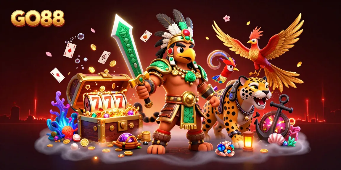 Experience thrilling slots and jackpots with GO88 in this dynamic 3D casino illustration.