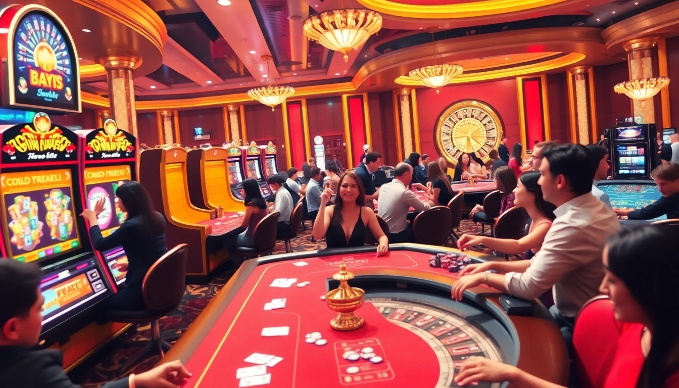 Exciting slot888 gaming scene featuring vibrant slot machines and engaged players in a luxury casino.