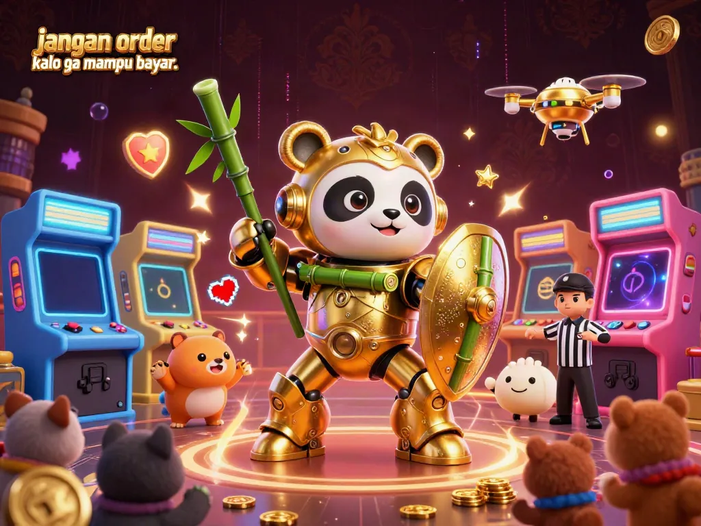 A vibrant illustration of fun characters and arcade machines emphasizing fun gaming, jangan order kalo ga mampu bayar.. central theme.