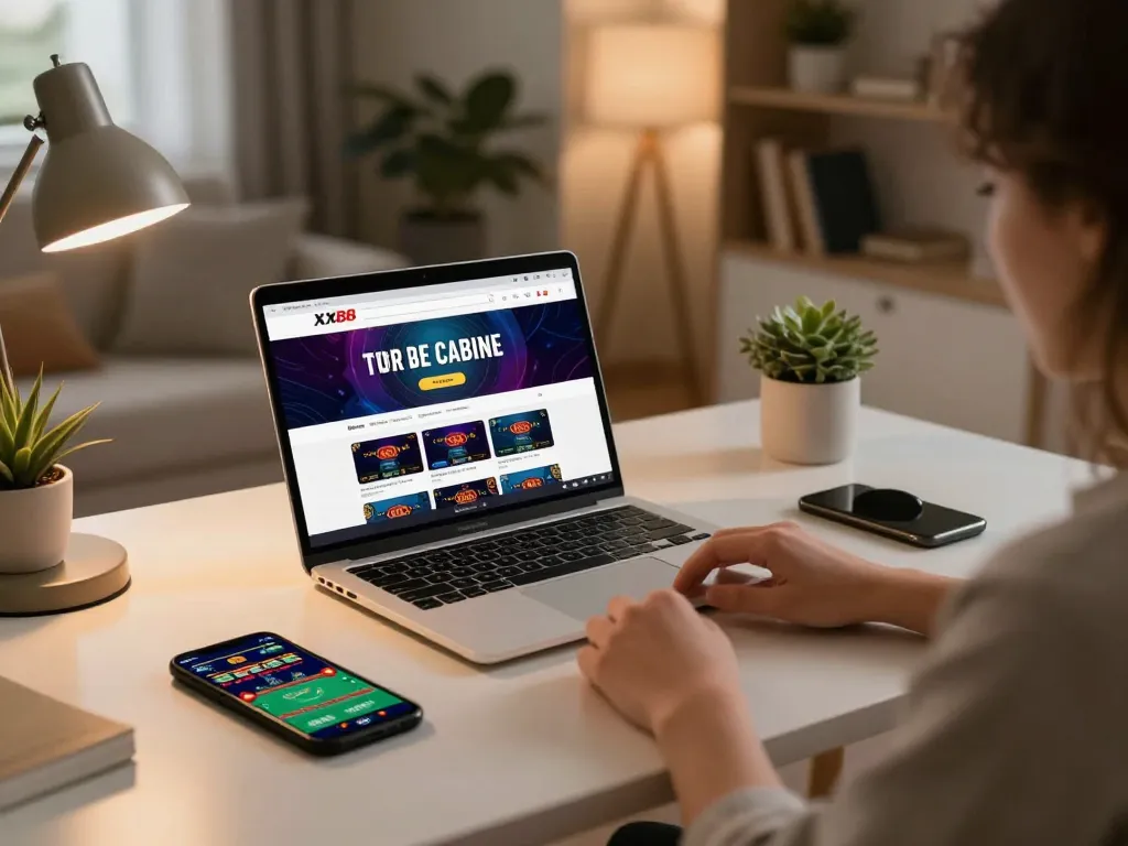 Engaged player using XX88 online casino platform on a laptop at home desk.
