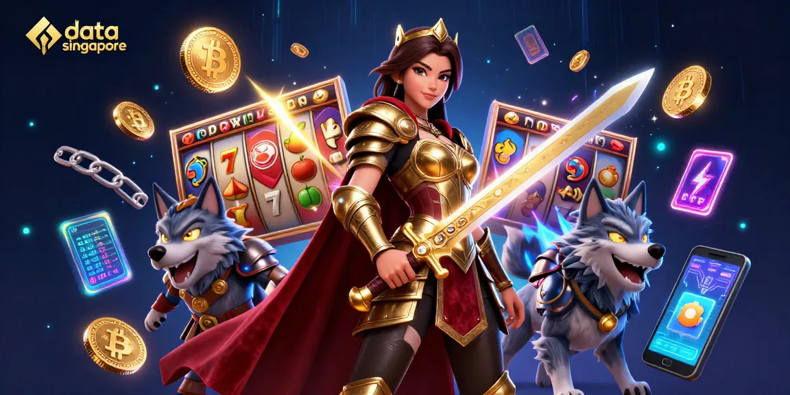 Engage with data singapore through a vibrant illustration showcasing dynamic casino elements and glowing cryptocurrencies.