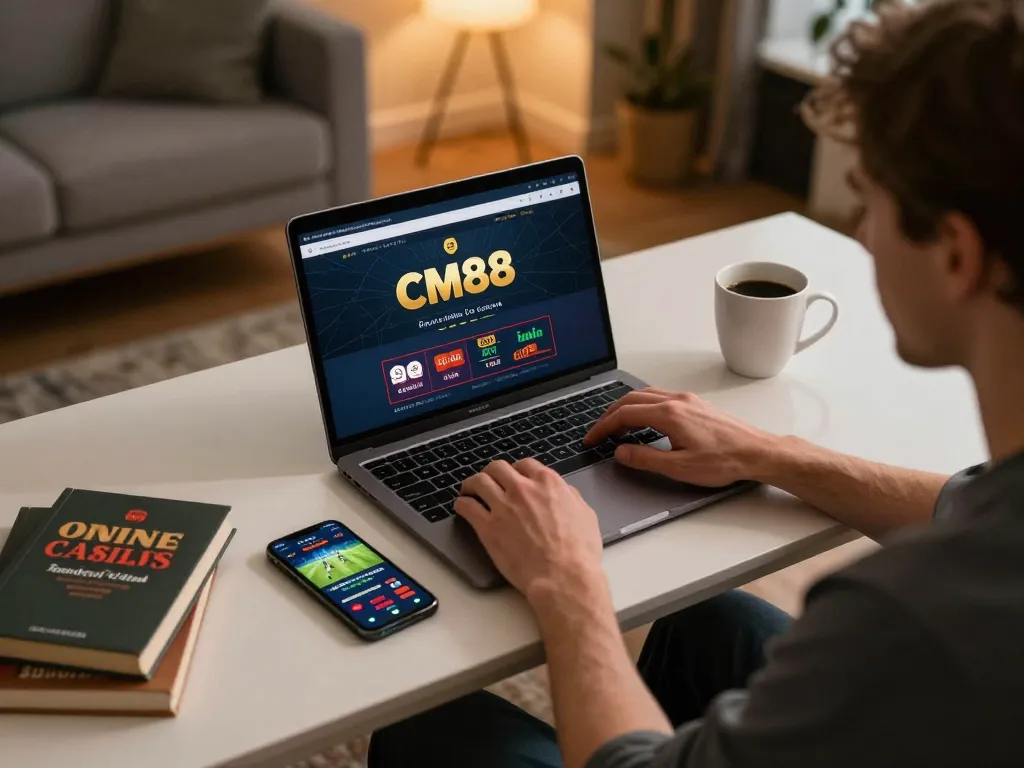 Player engaging with CM88 online casino platform on laptop, enhancing gaming experience