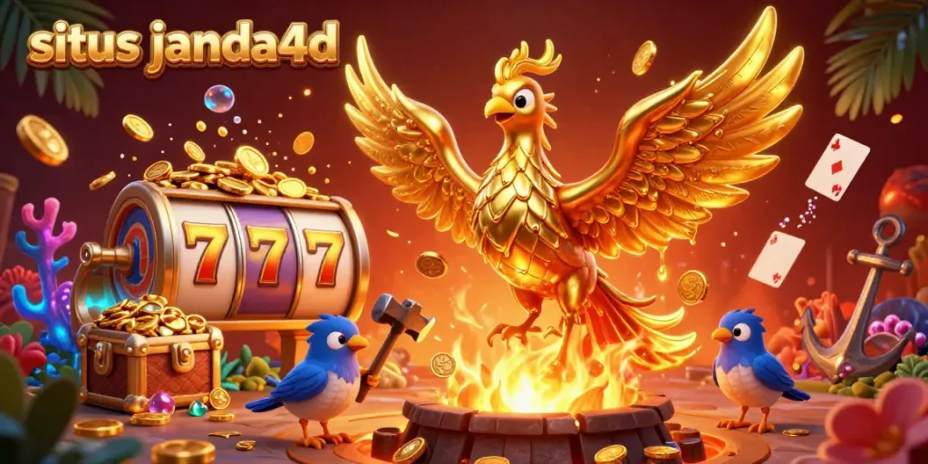 Permainan kasino online situs janda4d dengan ilustrasi 3D phoenix emas dan elemen slot yang menarik.