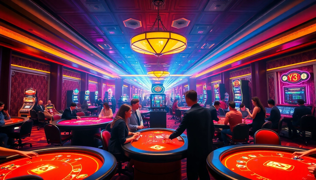 Experience the thrill of y3娛樂 with vibrant casino tables and excited players in a luxurious setting.