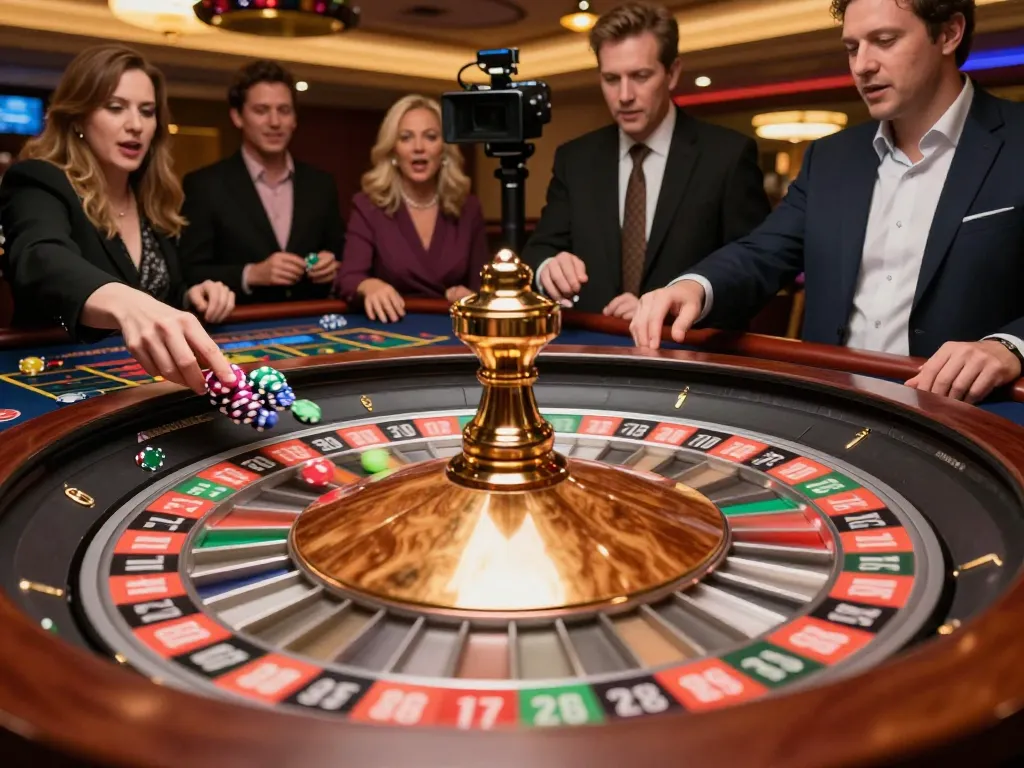 Pemain yang terlibat dengan permainan roulette COMBO99, mengamati roda yang berputar dan strategi taruhan dalam suasana kasino yang cerah