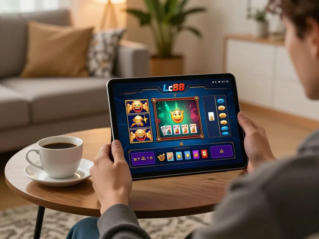 Engaging in the Lc88 game on a tablet in a cozy home setting.