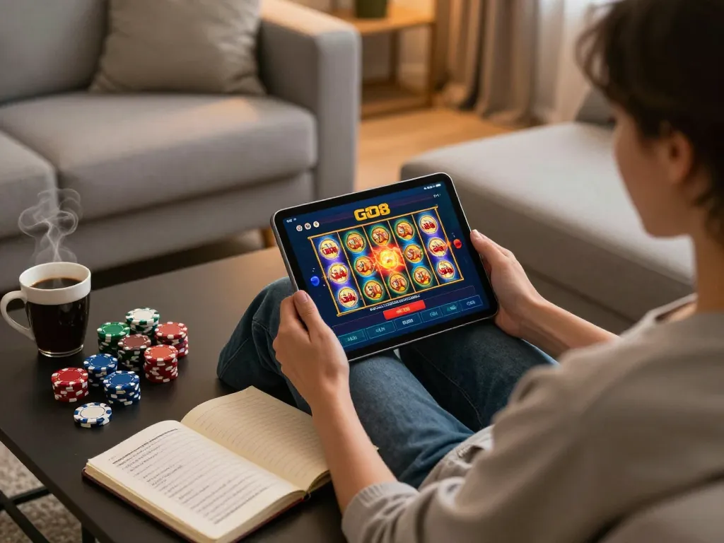 Engaging scene with a player using the GO8 casino app on a tablet, focusing on strategic gameplay elements.