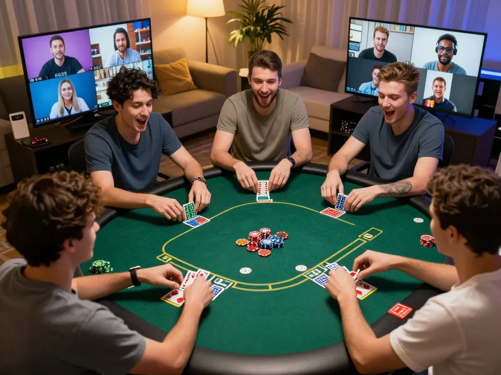 Players engaging in an online poker game at Betbdt with vibrant gaming interfaces and friendly competition.