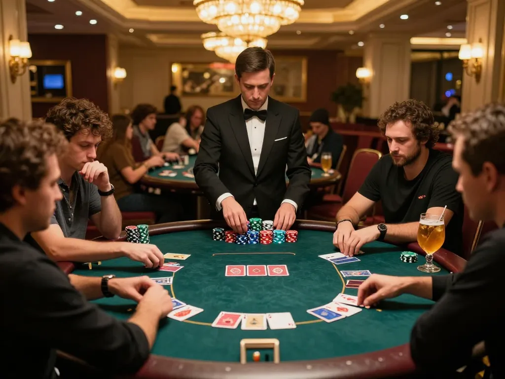Players enjoying a strategic poker game at 45678 casino, highlighting engaging gameplay and camaraderie.