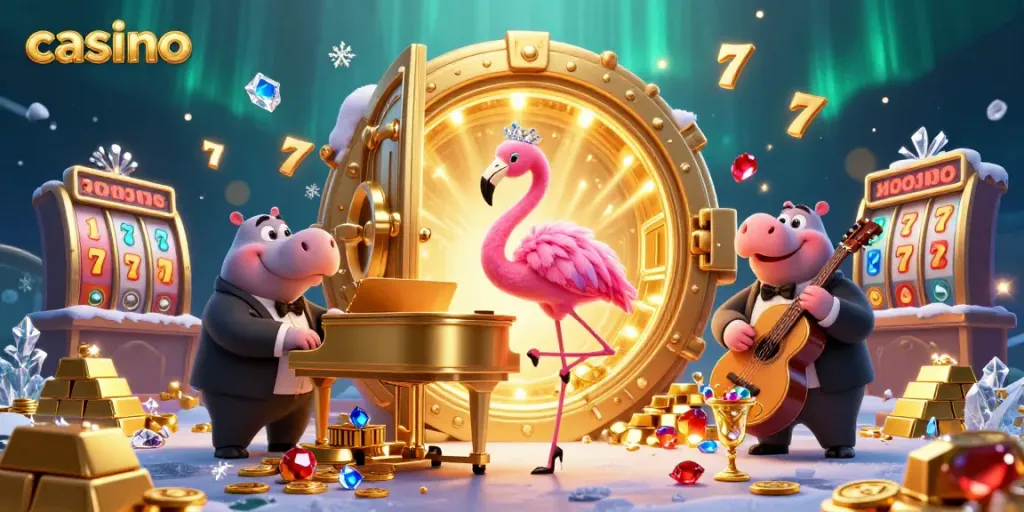 Experience the vibrant casino world with a flamingo singer and hippo bassist in this dazzling scene.