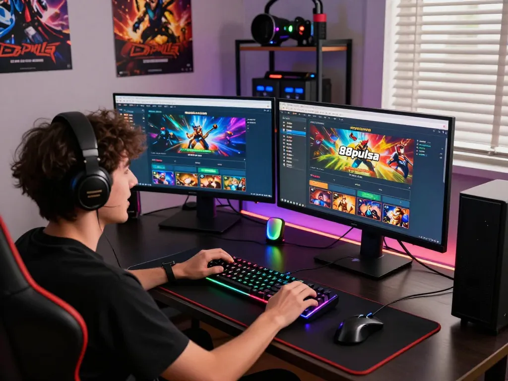 Engaging online gaming experience on 88pulsa platform with high-tech setup and vibrant atmosphere.