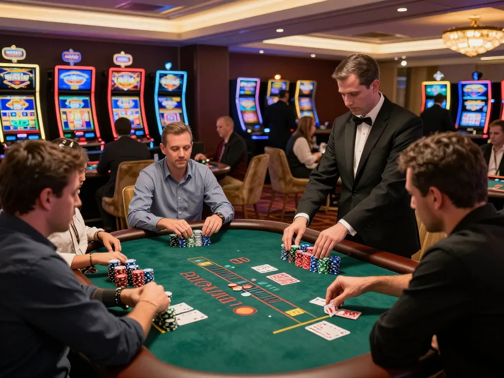 MM88 players engaging in intense blackjack gameplay at an upscale casino table.