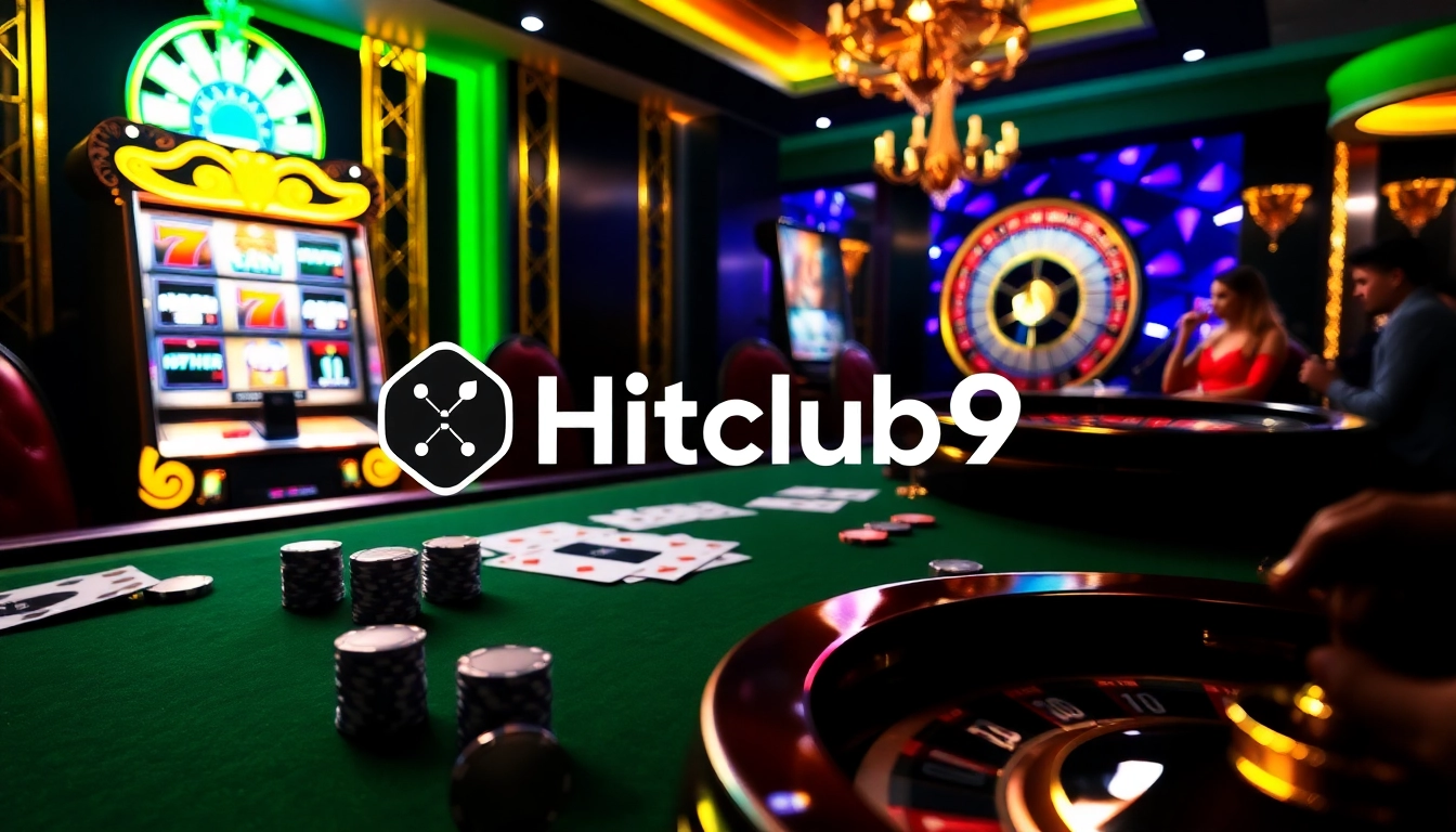 Experience thrilling gameplay at Hitclub9 with vibrant casino elements like poker chips and roulette.