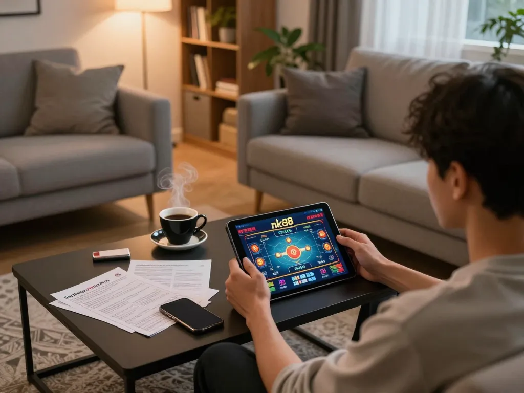 Player enjoying Nk88 game on tablet in cozy home setup, showcasing strategic gameplay atmosphere