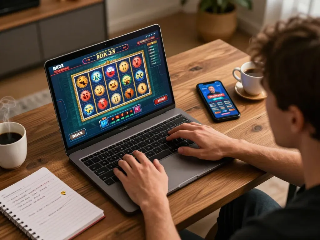 Player enjoying BK33 online gaming session on laptop with casino game interface visible, warm home ambiance enhancing excitement.
