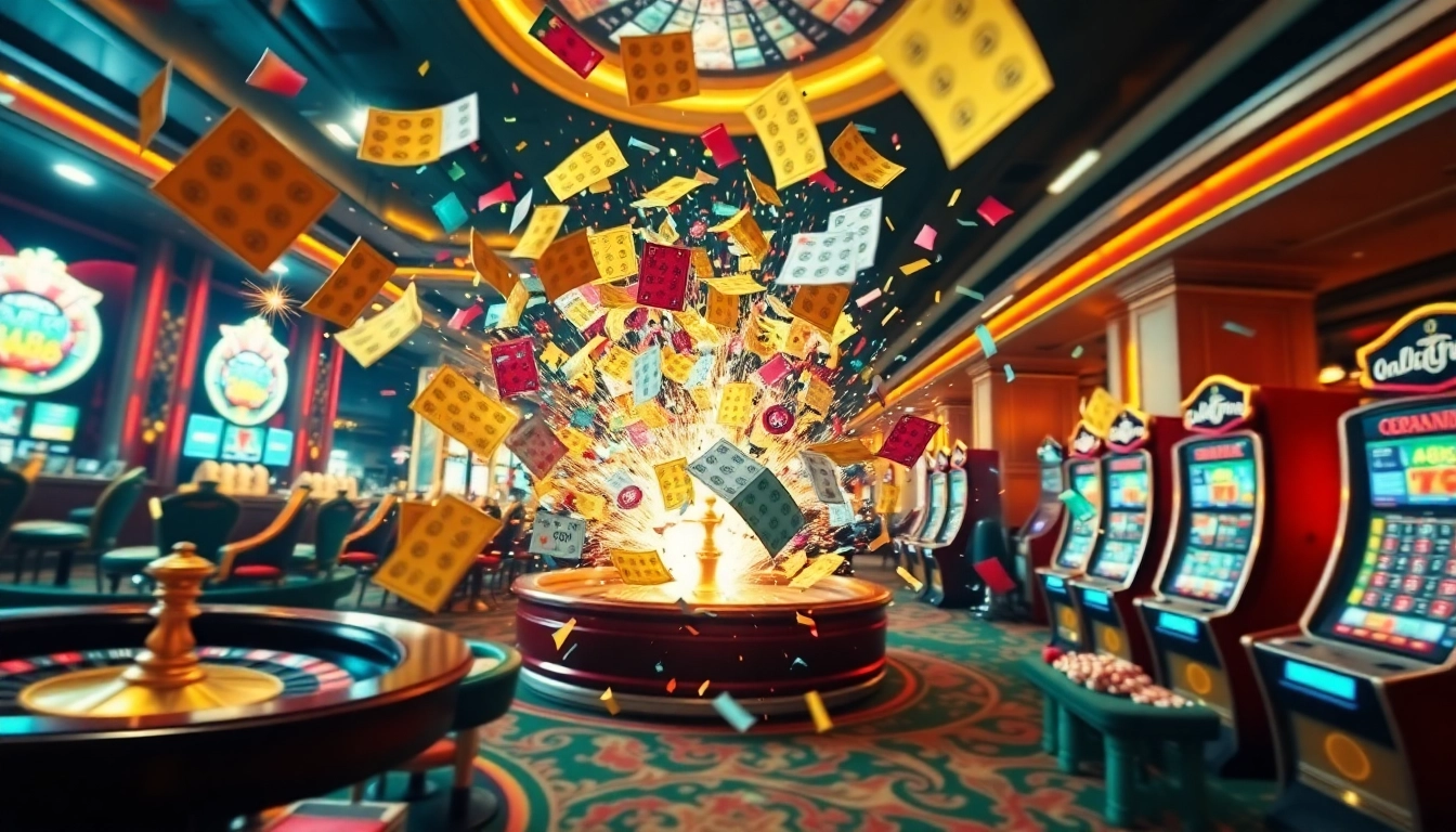 Explosion of a prize-winning lottery celebrated with flying tickets and casino ambiance.
