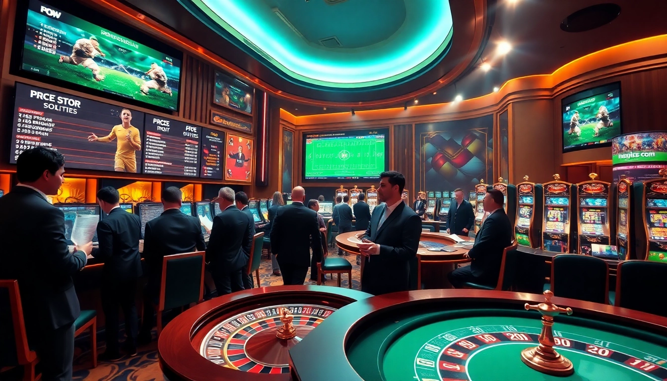 Exciting scene of Judi Bola betting with players engaging and vibrant casino lights.