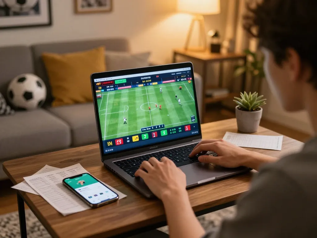 Person using the ho88 app for sports betting, surrounded by notes and a laptop.