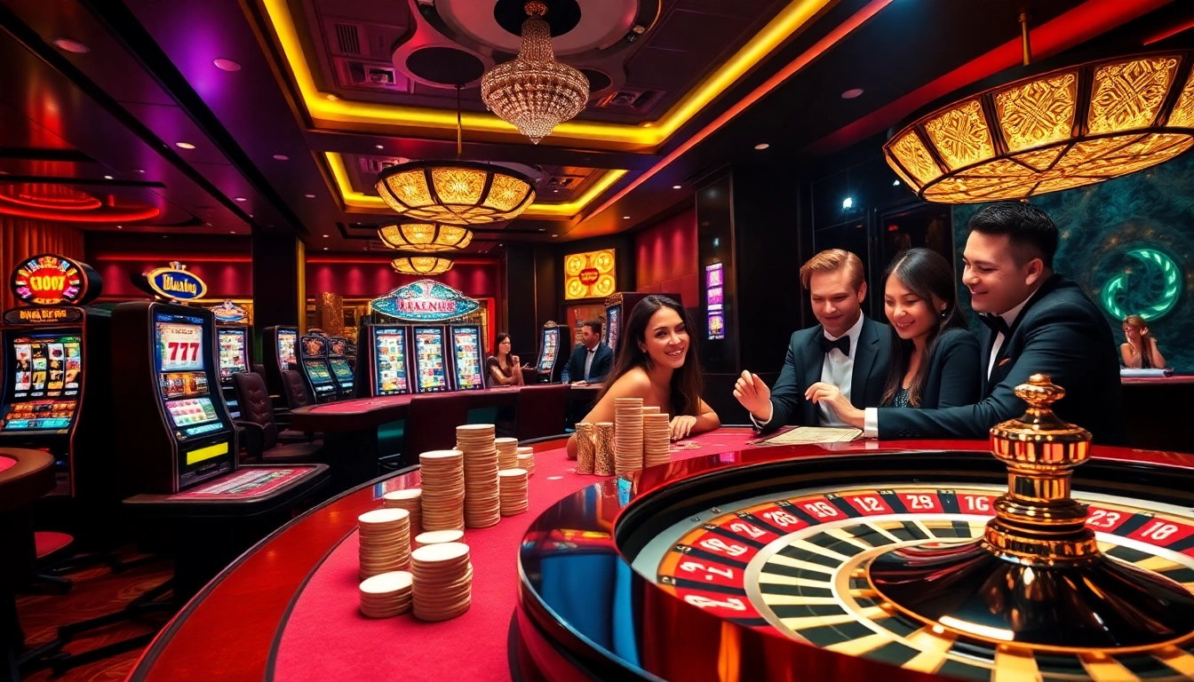 Players enjoying thrilling games at ok365 casino with vibrant slot machines and poker tables.
