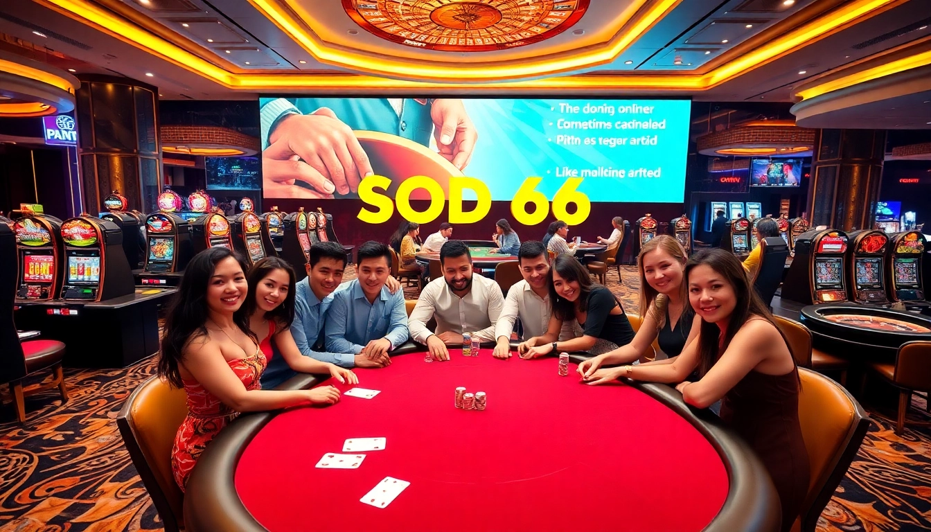 A vibrant gambling scene at SODO66 featuring players enjoying poker, slot machines, and roulette.