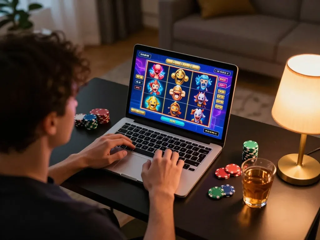 Player engaging with nohu90's online slots, enjoying a cozy home gaming experience.