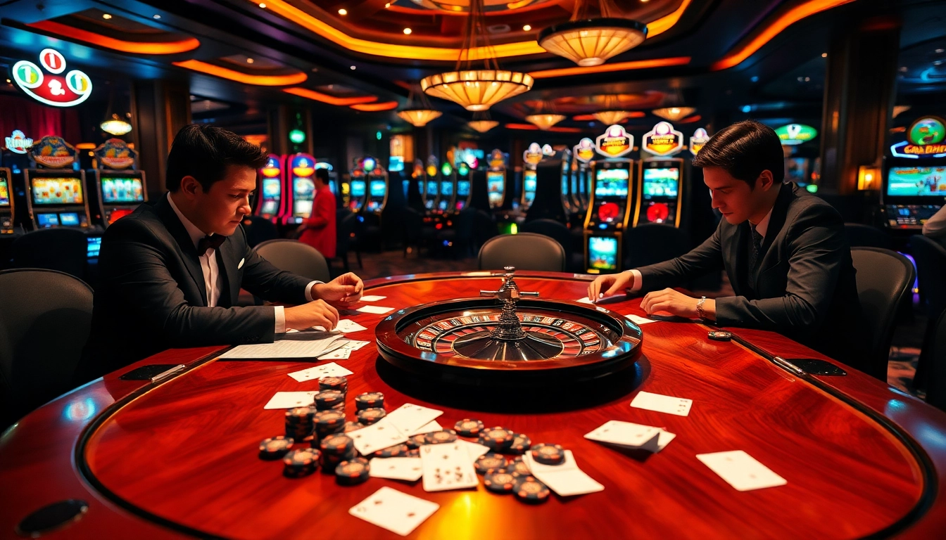 High-stakes poker action illustrated at https://sunwin.builders/ with elegant players and vibrant casino ambiance.
