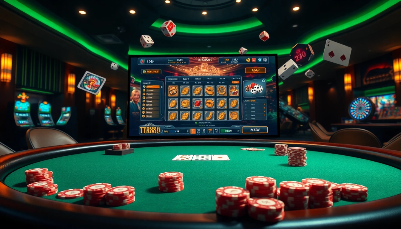Join the excitement at https://tr88.work/ with vibrant casino elements like poker chips and slot machines.