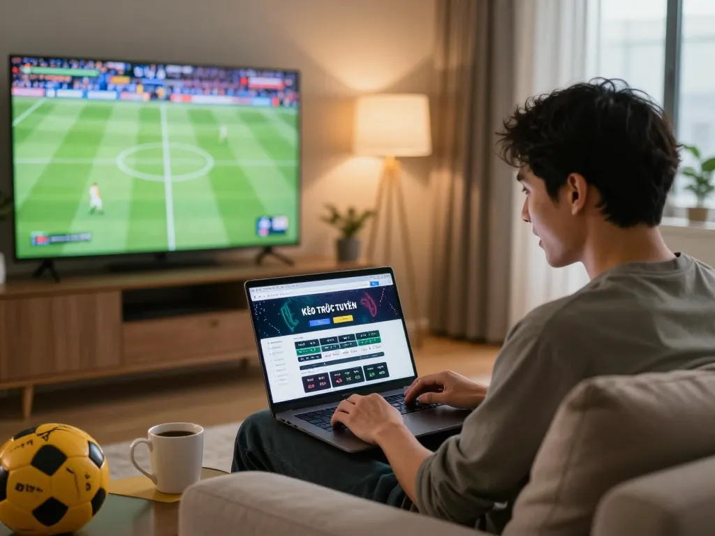 KÈO TRỰC TUYẾN user analyzing real-time betting odds on a laptop in a cozy living room.