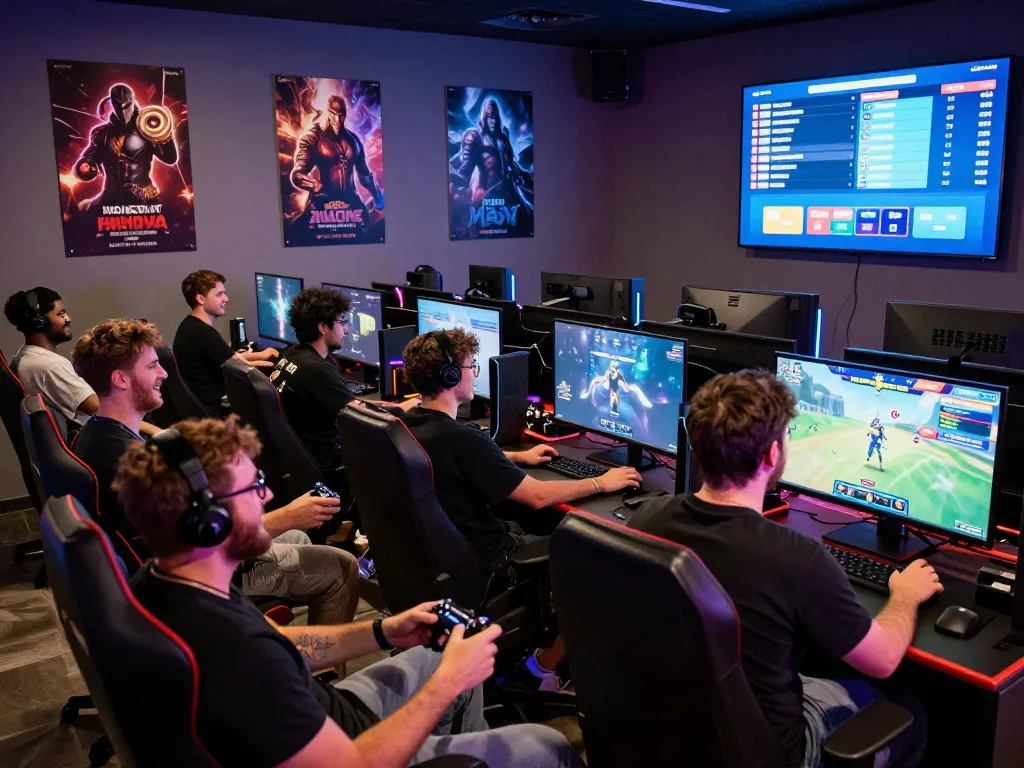 Enthusiastic players enjoying exciting porn games in a vibrant gaming lounge.