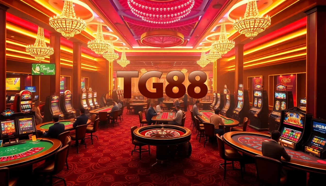 Experience the excitement of TG88 with gamblers at a luxurious casino, featuring vibrant games and advanced betting options.