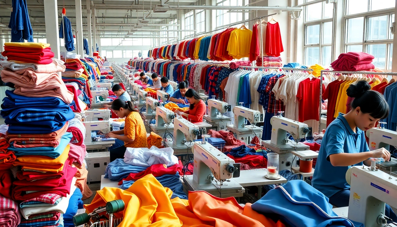 Apparel manufacturers in China showcasing skilled workers creating vibrant fabric products.