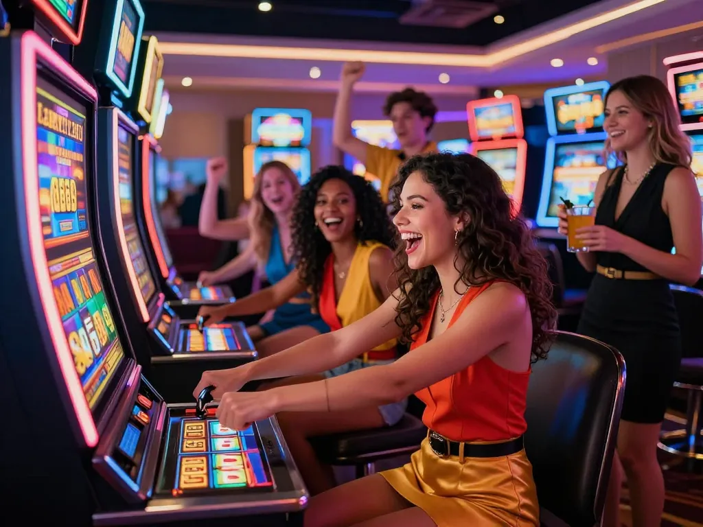 Friends celebrating around a Lucky 88 slot machine in a lively casino atmosphere
