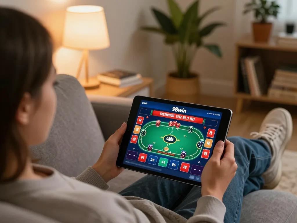 Engaging with the 98win app from a comfortable couch, showcasing responsible online gambling