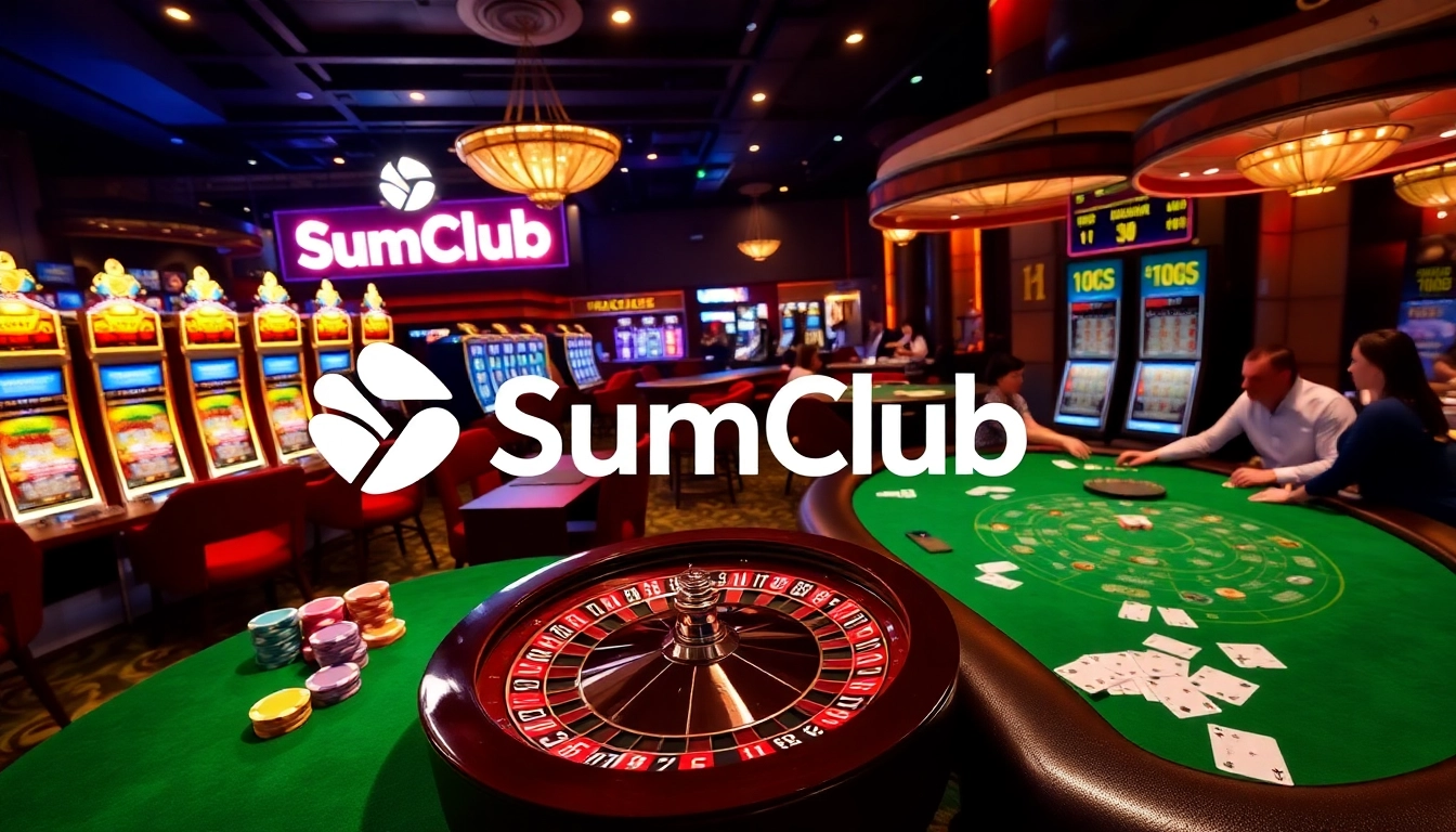 SumClub players joyfully interacting with vibrant casino tables and thrilling games.