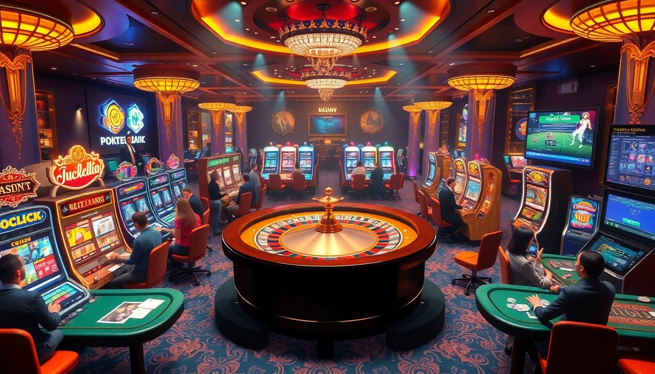 Experience the excitement at Nhà cái bomwin with players enjoying vibrant casino games, chips, and a roulette wheel.