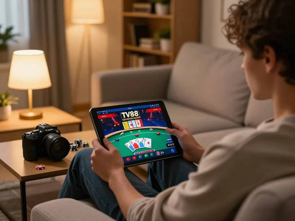 Player enjoying TV88 online casino gaming on a tablet, showcasing vibrant poker action.