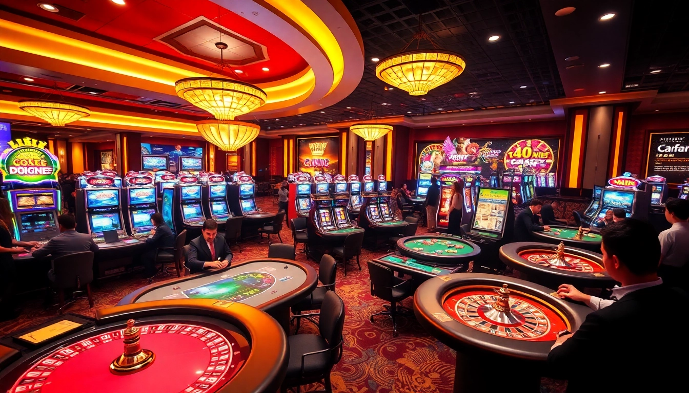 Situs Gacor players enjoying thrilling games at a vibrant casino with slot machines and poker tables.