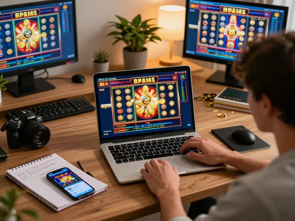 Engaging in strategic online gaming with slot88 on a laptop, showcasing vibrant graphics and personal betting tools in a cozy home office.