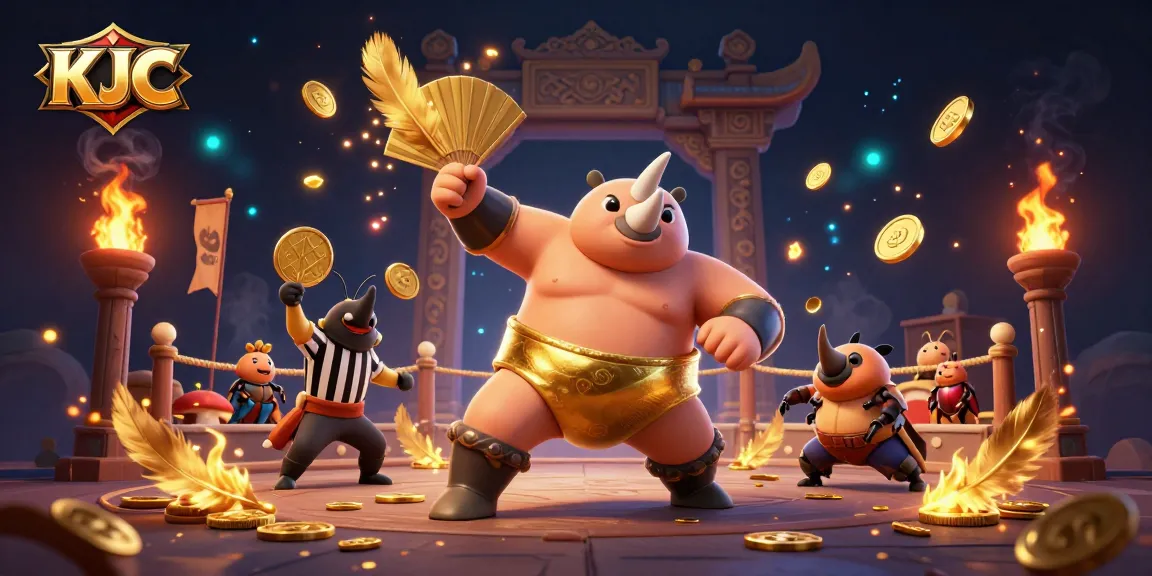 KJC gaming scene showcasing a rhinoceros beetle sumo champion surrounded by golden coins and betting tokens