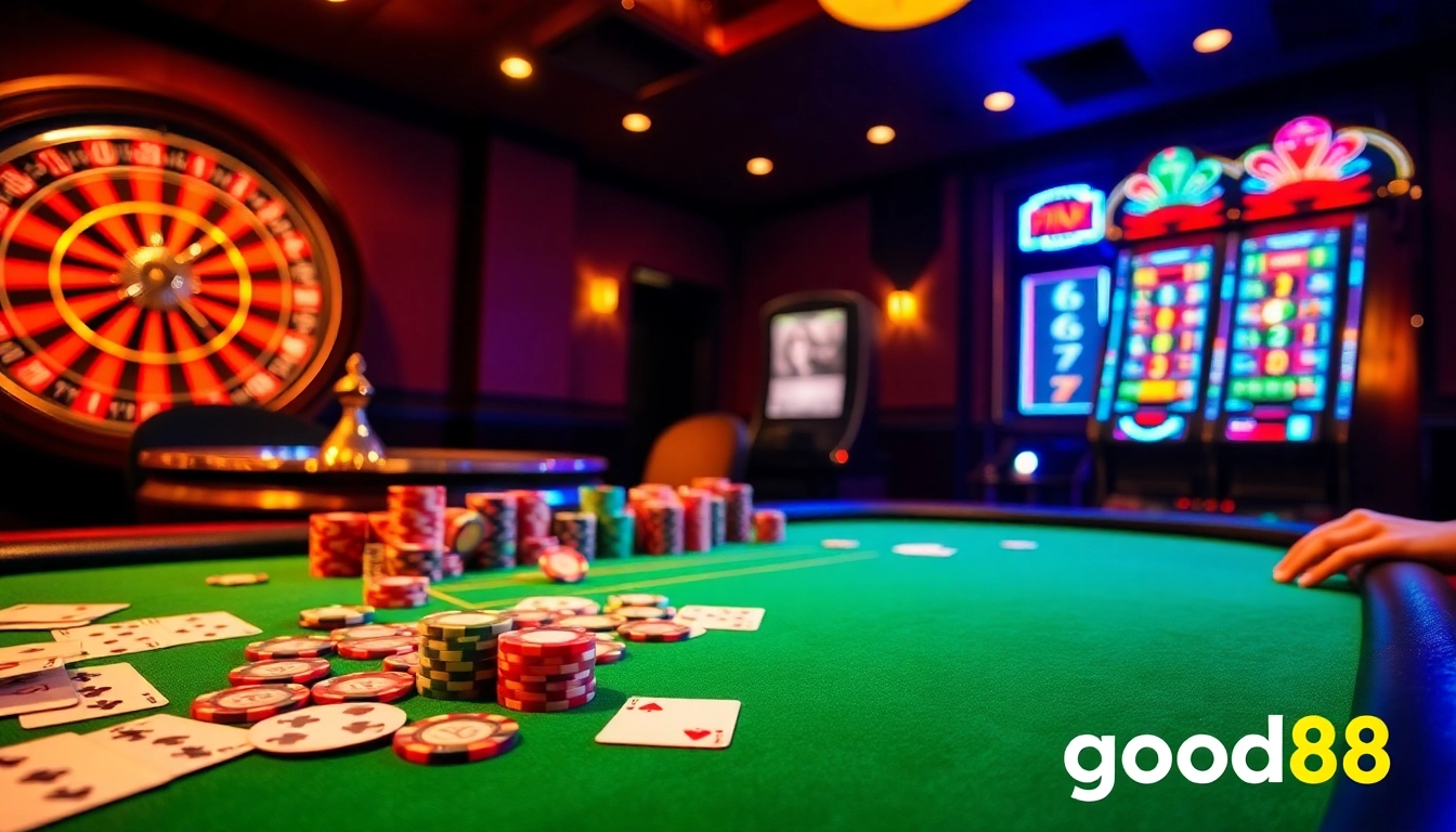 Experience the thrill of good88 at a vibrant casino table filled with poker chips and playing cards.