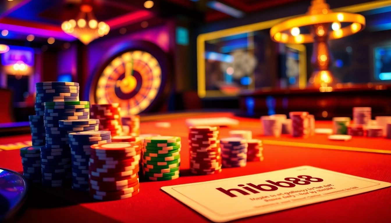 Experience the excitement of hb88 at a luxurious casino with vibrant poker tables and dynamic lighting.