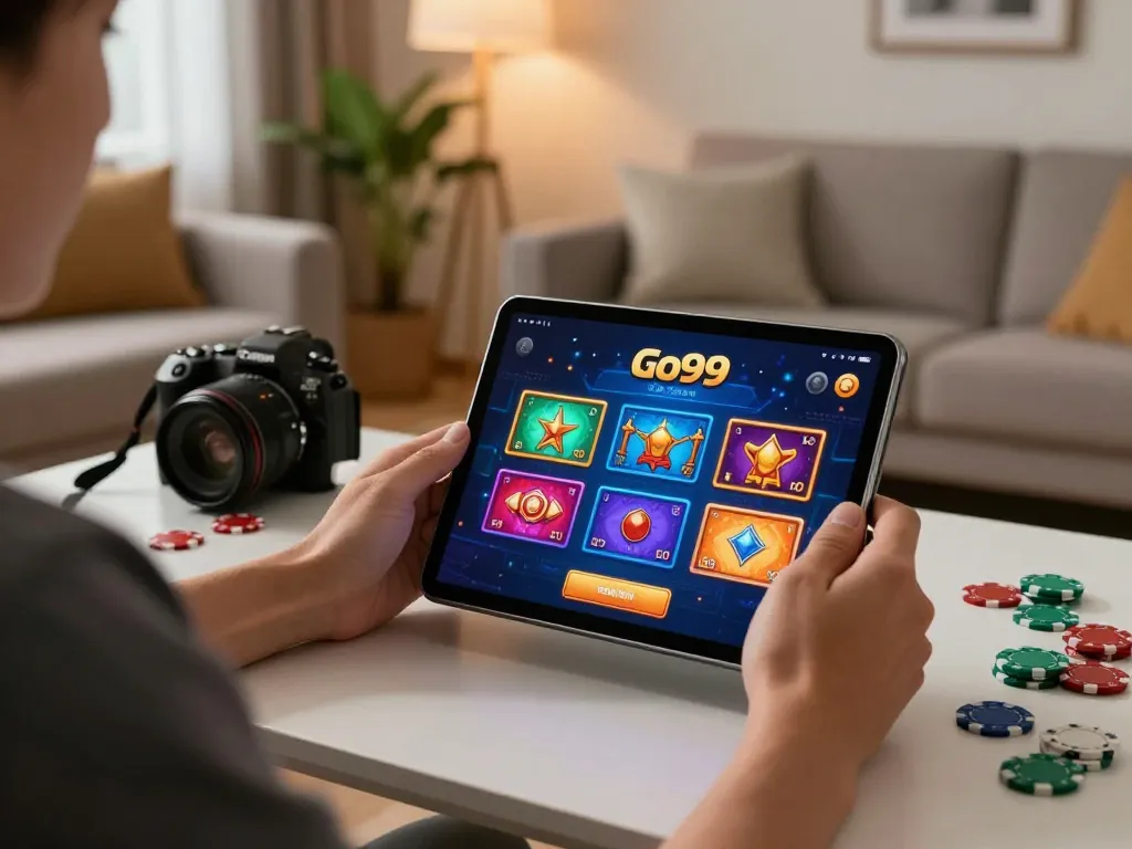 Player engaging with Go99 online casino app on tablet in cozy home setup, showcasing colorful gaming graphics.
