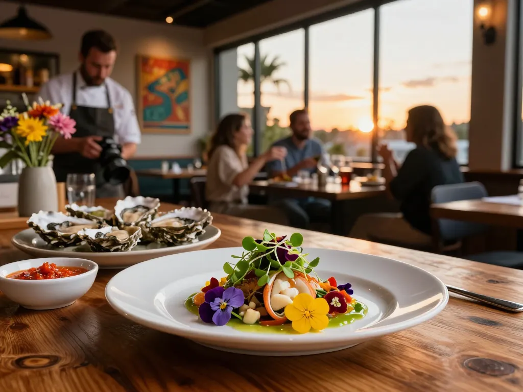 The Shack seafood dining scene with chef plating fresh seafood dish, captured inviting atmosphere for 2026.
