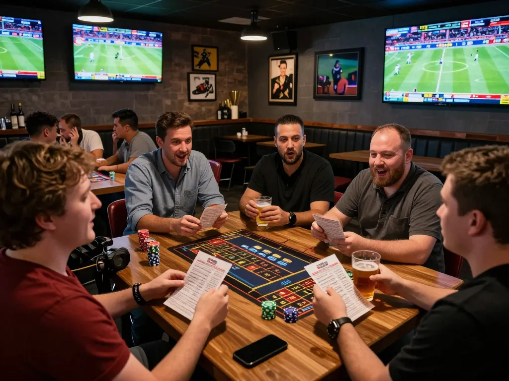 Engaged bettors evaluating kdslot odds on live sports screens in an energetic setting.