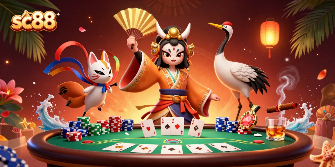 Engage in thrilling gameplay at sc88 with a vibrant poker scene featuring kabuki characters and dynamic gaming elements.