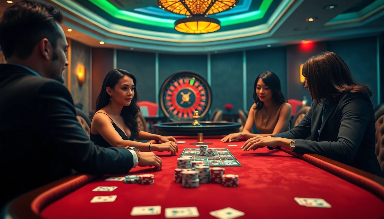 Players enjoying a vibrant Hello88 casino experience with poker cards and a roulette wheel.