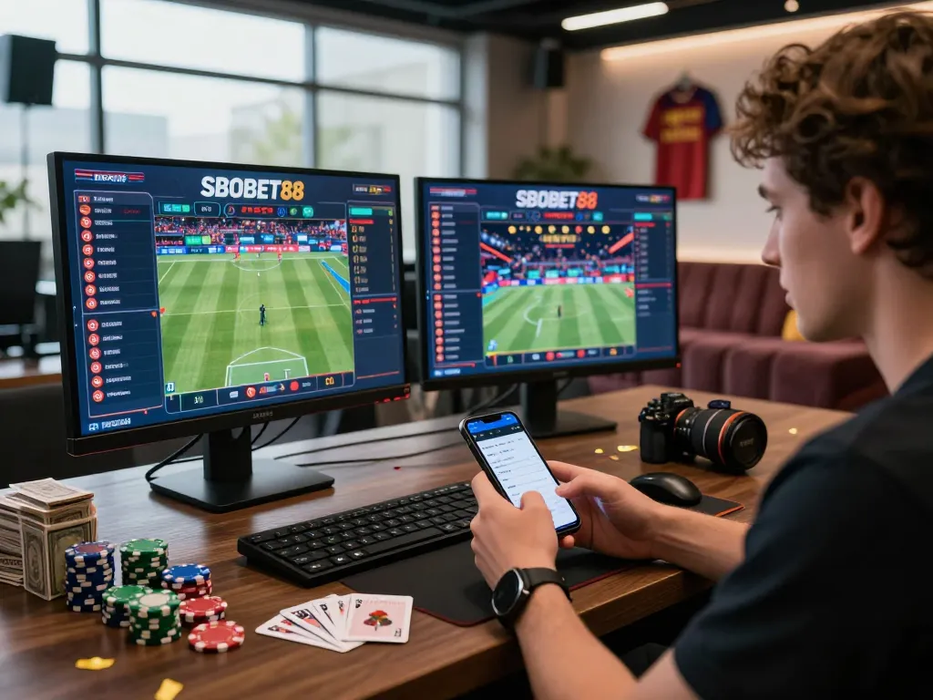 SBOBET88 betting enthusiast engaging with live sports odds in a modern gaming lounge.