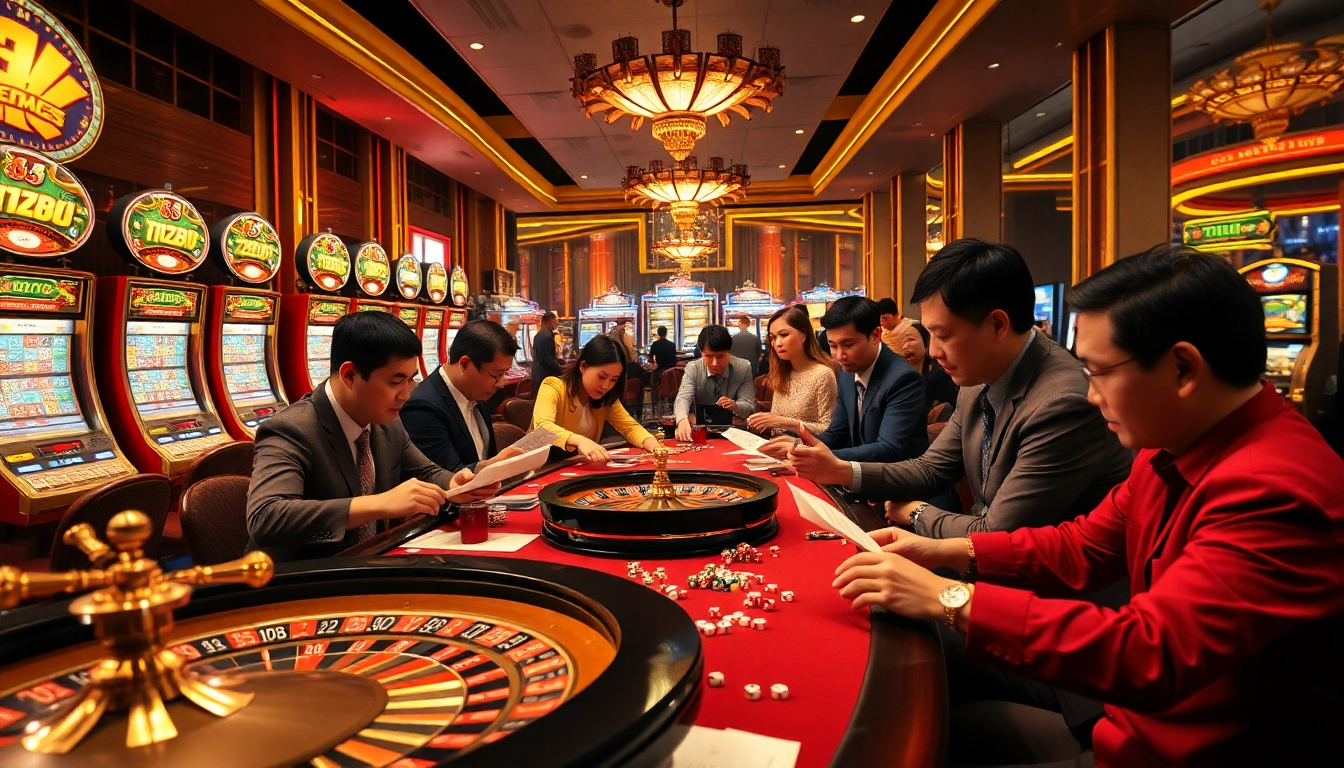 Engaged players analyze Data Macau betting slips at a vibrant casino table.